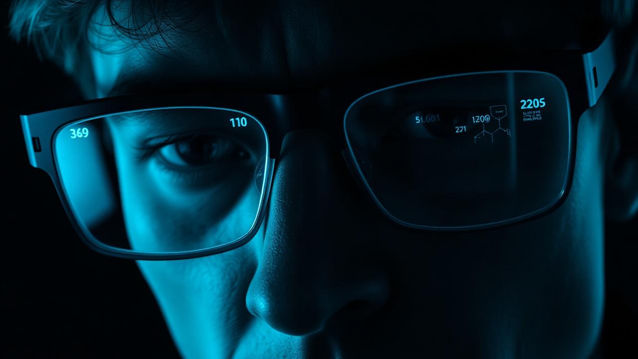 Close de um rosto com óculos iluminado por reflexos azuis de uma tela