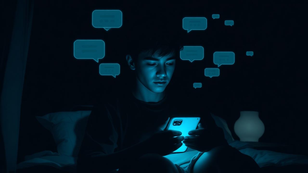 Pessoa olhando para um celular com balões de mensagens digitais ao redor