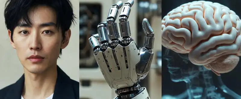 Montagem de um rosto humano, uma mão robótica e um cérebro