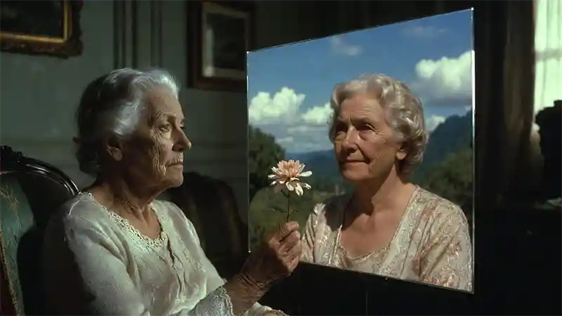 Duas mulheres idosas conversando junto a uma pintura de paisagem
