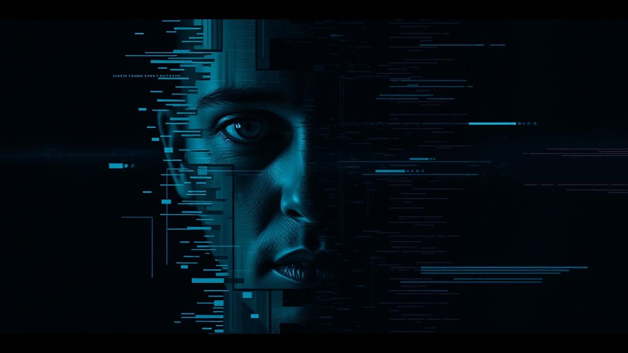 Rosto humano parcialmente fragmentado por linhas digitais azuis